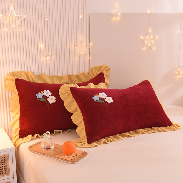 91家纺网 家纺一手货源 找家纺 甜之梦 2025新款毛巾绣牛奶绒单枕套 满天星洋酒红