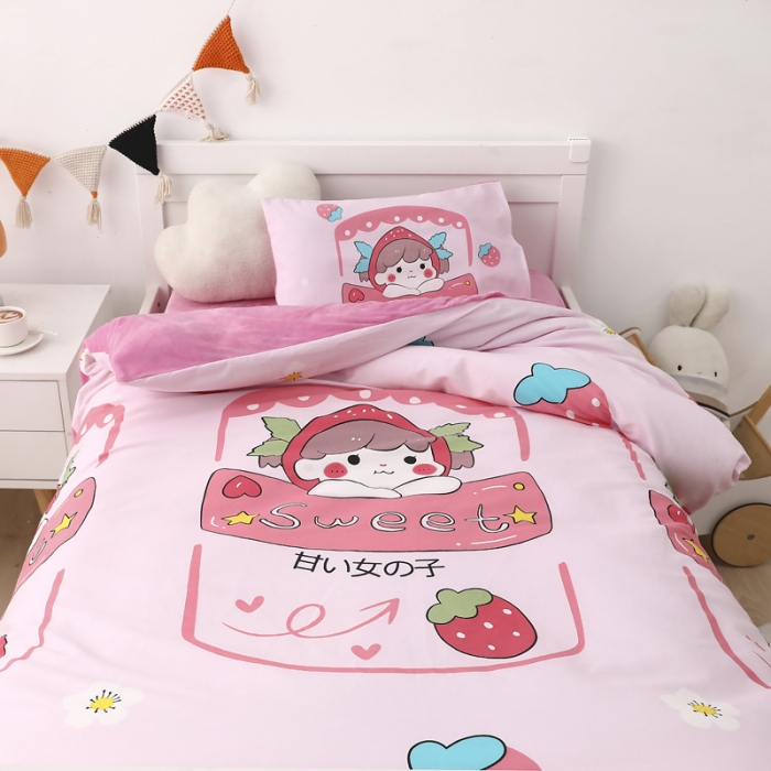 91家纺网 家纺一手货源 找家纺 鱼宝 2021新款棉加绒幼儿园多件套 草莓姑娘