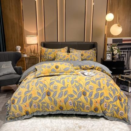 91家纺网 家纺一手货源 找家纺 眠帛 2021新款牛奶绒印花宽边拼角四件套 春华秋实