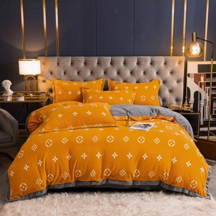 91家纺网 家纺一手货源 找家纺 眠帛 2021新款牛奶绒印花宽边拼角四件套 四叶草桔