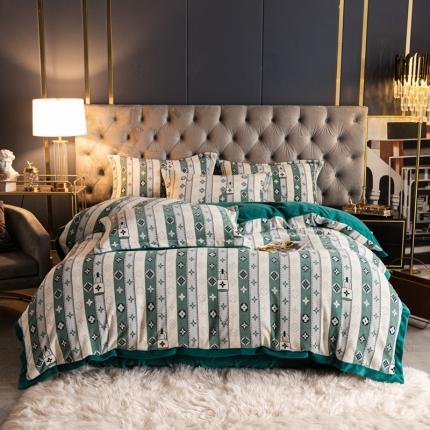 91家纺网 家纺一手货源 找家纺 眠帛 2021新款牛奶绒印花宽边拼角四件套 四叶草绿