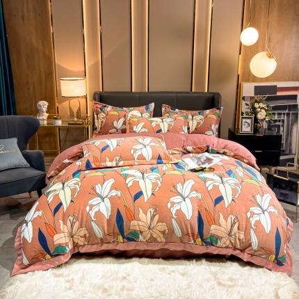 眠帛 2021新款牛奶绒印花宽边拼角四件套 春暖花开