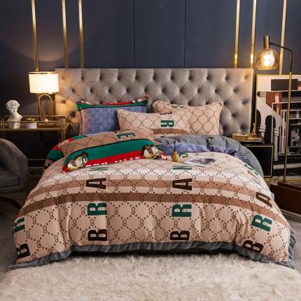 眠帛 2021新款牛奶绒印花宽边拼角四件套 蝶舞