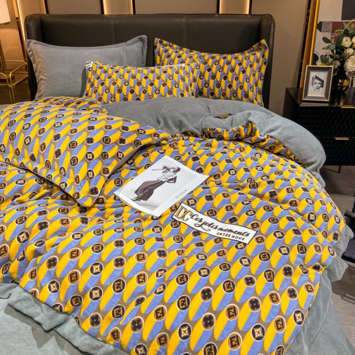 91家纺网 家纺一手货源 找家纺 眠帛 2021新款牛奶绒印花宽边拼角四件套 劳伦斯