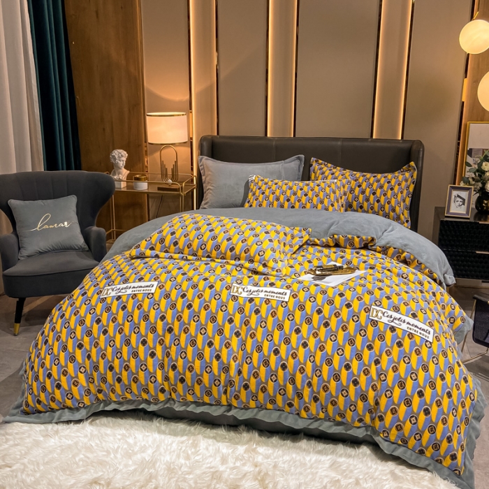 91家纺网 家纺一手货源 找家纺 眠帛 2021新款牛奶绒印花宽边拼角四件套 劳伦斯