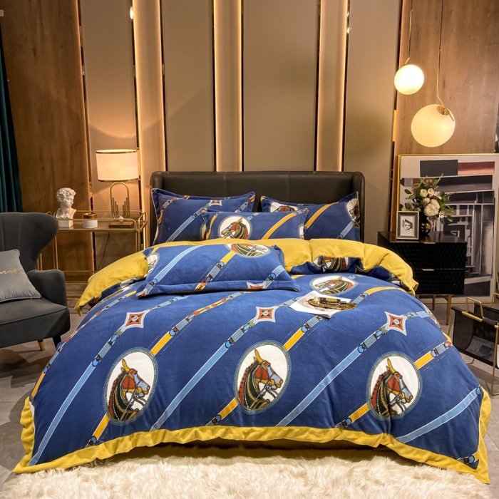 91家纺网 家纺一手货源 找家纺 眠帛 2021新款牛奶绒印花宽边拼角四件套 曼森