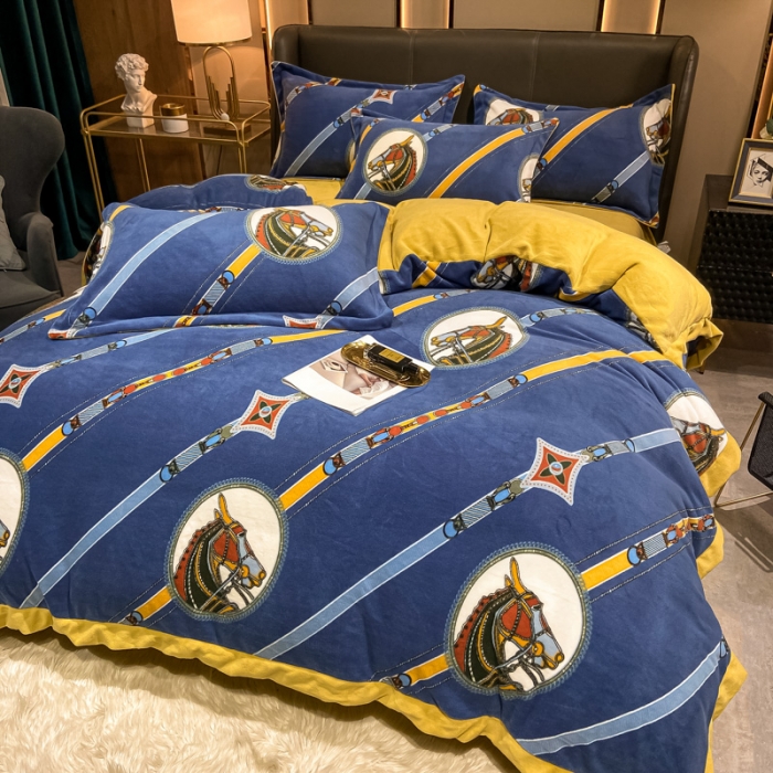 91家纺网 家纺一手货源 找家纺 眠帛 2021新款牛奶绒印花宽边拼角四件套 曼森