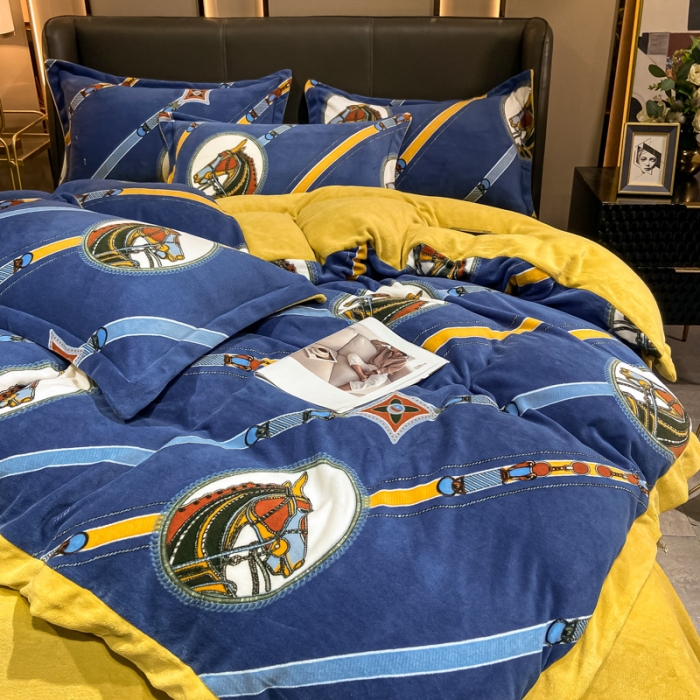 91家纺网 家纺一手货源 找家纺 眠帛 2021新款牛奶绒印花宽边拼角四件套 曼森