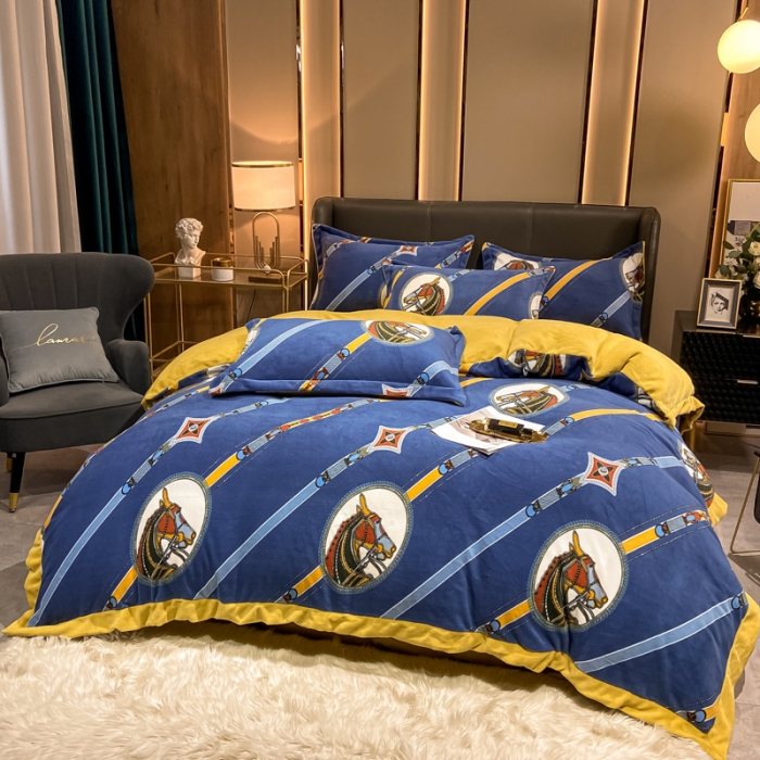 91家纺网 家纺一手货源 找家纺 眠帛 2021新款牛奶绒印花宽边拼角四件套 曼森