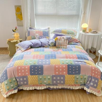 91家纺网 家纺一手货源 找家纺 （总）眠帛 2021新款小清新花边款牛奶绒四件套