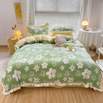 91家纺网 家纺一手货源 找家纺 眠帛 2021新款小清新花边款牛奶绒四件套 清野