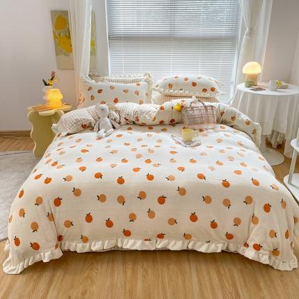 91家纺网 家纺一手货源 找家纺 眠帛 2021新款小清新花边款牛奶绒四件套 小柑橘