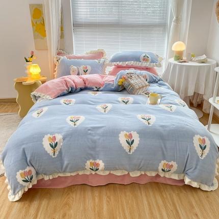 91家纺网 家纺一手货源 找家纺 眠帛 2021新款小清新花边款牛奶绒四件套 心朵