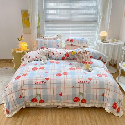 91家纺网 家纺一手货源 找家纺 眠帛 2021新款小清新花边款牛奶绒四件套 樱桃兔兔