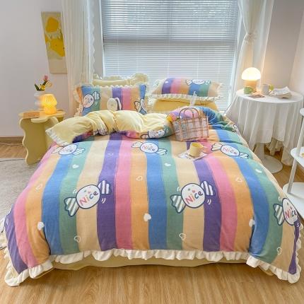 眠帛 2021新款小清新花边款牛奶绒四件套 彩虹糖果