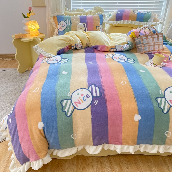 91家纺网 家纺一手货源 找家纺 眠帛 2021新款小清新花边款牛奶绒四件套 彩虹糖果