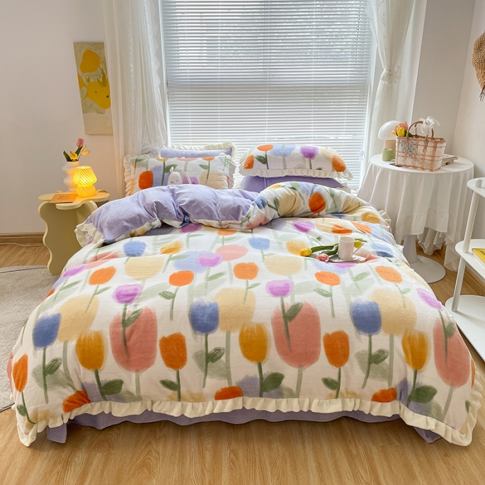 91家纺网 家纺一手货源 找家纺 眠帛 2021新款小清新花边款牛奶绒四件套 彩色郁金香