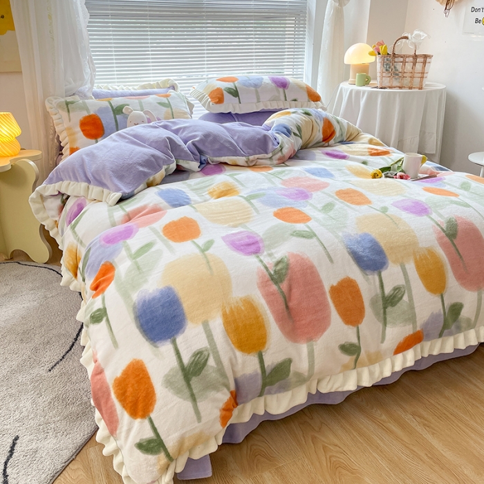 91家纺网 家纺一手货源 找家纺 眠帛 2021新款小清新花边款牛奶绒四件套 彩色郁金香