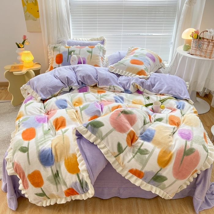 91家纺网 家纺一手货源 找家纺 眠帛 2021新款小清新花边款牛奶绒四件套 彩色郁金香