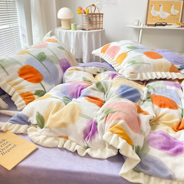 91家纺网 家纺一手货源 找家纺 眠帛 2021新款小清新花边款牛奶绒四件套 彩色郁金香