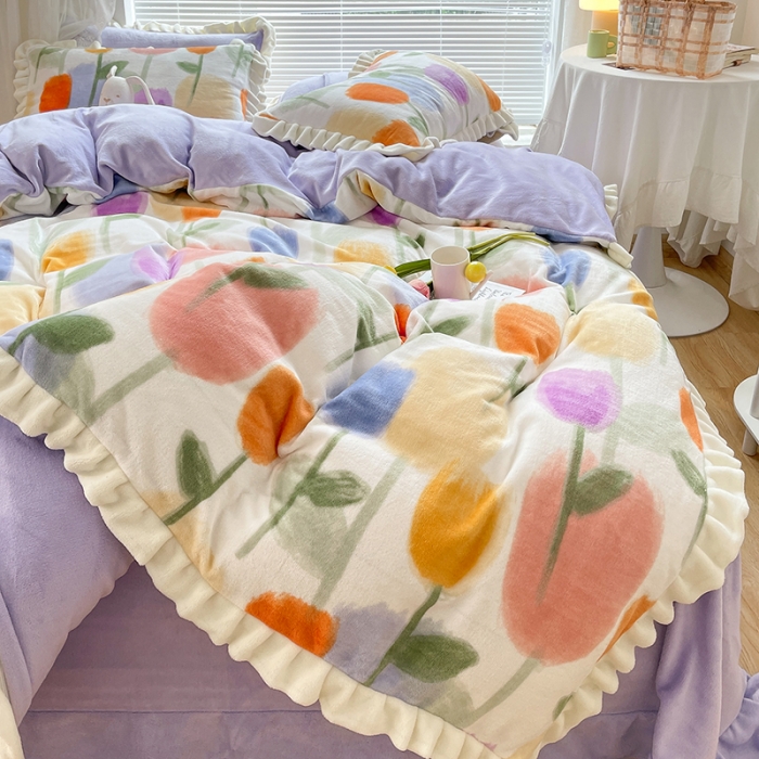 91家纺网 家纺一手货源 找家纺 眠帛 2021新款小清新花边款牛奶绒四件套 彩色郁金香