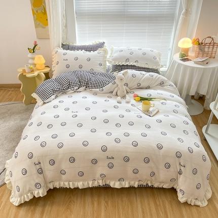 眠帛 2021新款小清新花边款牛奶绒四件套 黑白笑脸