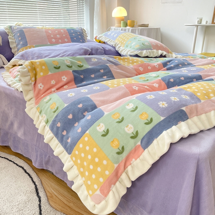 91家纺网 家纺一手货源 找家纺 眠帛 2021新款小清新花边款牛奶绒四件套 花海