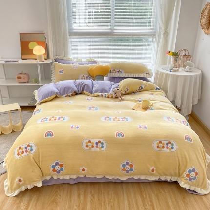 眠帛 2021新款小清新花边款牛奶绒四件套 花花笑脸