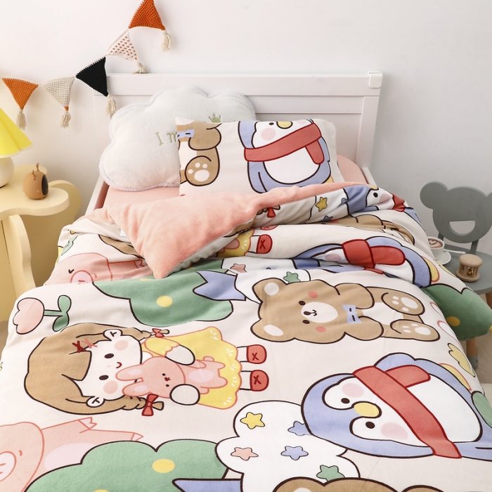 91家纺网 家纺一手货源 找家纺 鱼宝 2021新款小版牛奶绒婴童多件套 快乐女孩