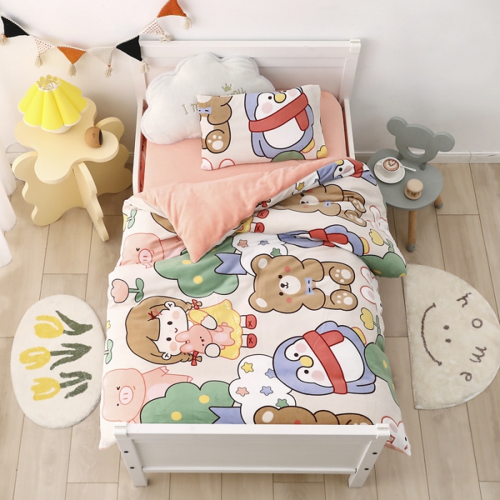 91家纺网 家纺一手货源 找家纺 鱼宝 2021新款小版牛奶绒婴童多件套 快乐女孩