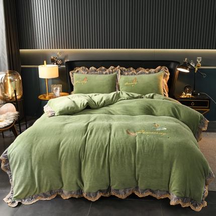 91家纺网 家纺一手货源 找家纺 眠帛家居 2021新款秋冬牛奶绒刺绣工艺四件套 羽毛-草绿