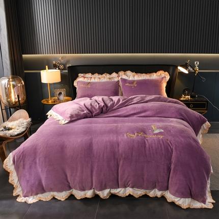 91家纺网 家纺一手货源 找家纺 眠帛家居 2021新款秋冬牛奶绒刺绣工艺四件套 羽毛-富贵紫