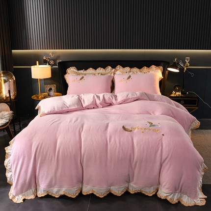 91家纺网 家纺一手货源 找家纺 眠帛家居 2021新款秋冬牛奶绒刺绣工艺四件套 羽毛-公主粉