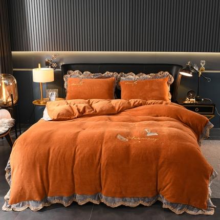 91家纺网 家纺一手货源 找家纺 眠帛家居 2021新款秋冬牛奶绒刺绣工艺四件套 羽毛-红棕