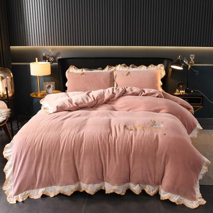 91家纺网 家纺一手货源 找家纺 眠帛家居 2021新款秋冬牛奶绒刺绣工艺四件套 羽毛-玉色