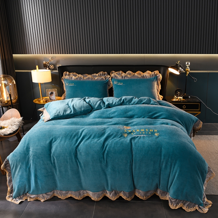 91家纺网 家纺一手货源 找家纺 眠帛家居 2021新款秋冬牛奶绒刺绣工艺四件套 枫叶-蓝色