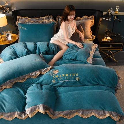 眠帛家居 2021新款秋冬牛奶绒刺绣工艺四件套 枫叶-蓝色