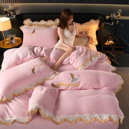 眠帛家居 2021新款秋冬牛奶绒刺绣工艺四件套 羽毛-公主粉