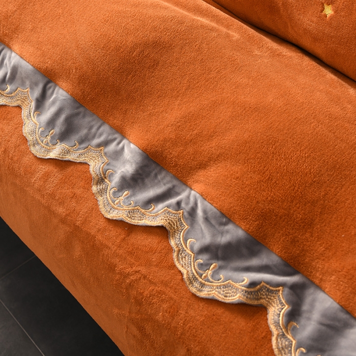 91家纺网 家纺一手货源 找家纺 眠帛家居 2021新款秋冬牛奶绒刺绣工艺四件套 羽毛-红棕