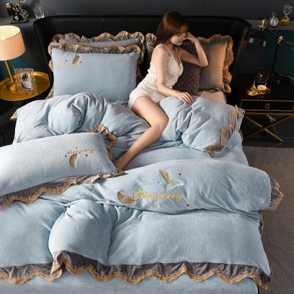 眠帛家居 2021新款秋冬牛奶绒刺绣工艺四件套 羽毛-蓝灰