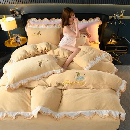 眠帛家居 2021新款秋冬牛奶绒刺绣工艺四件套 羽毛-浅黄