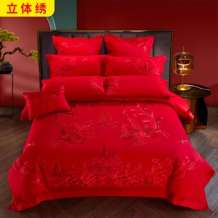 91家纺网 家纺一手货源 找家纺 柏拉图 2021新款100支贡缎婚庆四件套 龙凤和鸣红