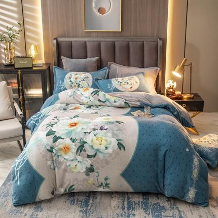 91家纺网 家纺一手货源 找家纺 莎臣豹 2025新款高克重数码印花美式轻奢牛奶绒四件套 绣艺如兰