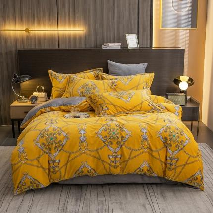 91家纺网 家纺一手货源 找家纺 莎臣豹 2025新款高克重数码印花美式轻奢牛奶绒四件套 欧恩斯-黄