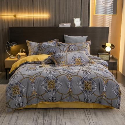 91家纺网 家纺一手货源 找家纺 莎臣豹 2025新款高克重数码印花美式轻奢牛奶绒四件套 欧恩斯-灰