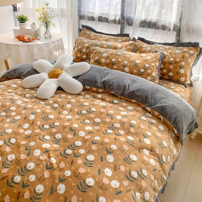 91家纺网 家纺一手货源 找家纺 金爱家 2021新款高克重牛奶绒四件套 花间物语