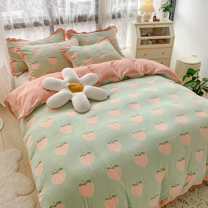 91家纺网 家纺一手货源 找家纺 金爱家 2021新款高克重牛奶绒四件套 蜜桃绿