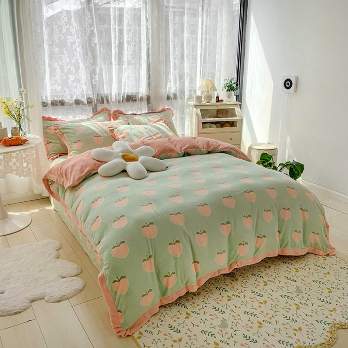 91家纺网 家纺一手货源 找家纺 金爱家 2021新款高克重牛奶绒四件套 蜜桃绿