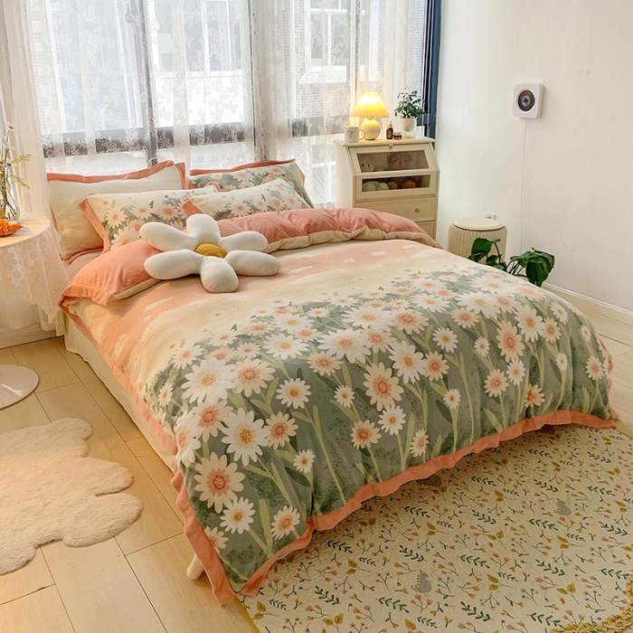 91家纺网 家纺一手货源 找家纺 金爱家 2021新款高克重牛奶绒四件套 诗情花意