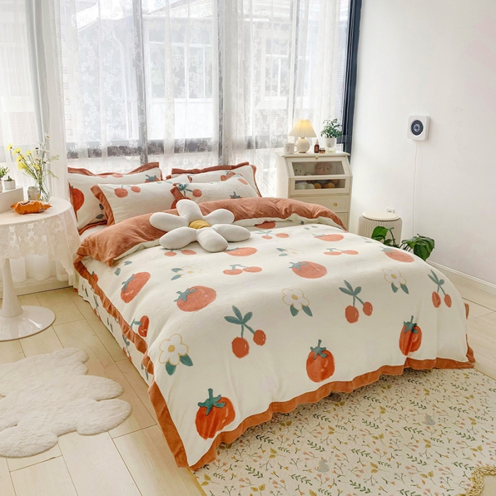 91家纺网 家纺一手货源 找家纺 金爱家 2021新款高克重牛奶绒四件套 喜气洋洋白